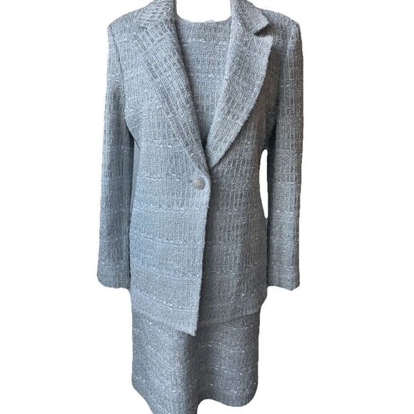 St. John Evening Silver Metallic Knit Shift Dress & Match Blazer Size 8 - Picture 1 of 8